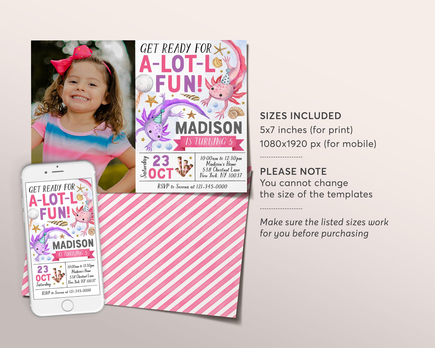 Axolotl Birthday Invitation With Photo Editable Template, Girl Axolotl Theme Alotl Fun Party Invite, Under The Sea Lake Evite Printable