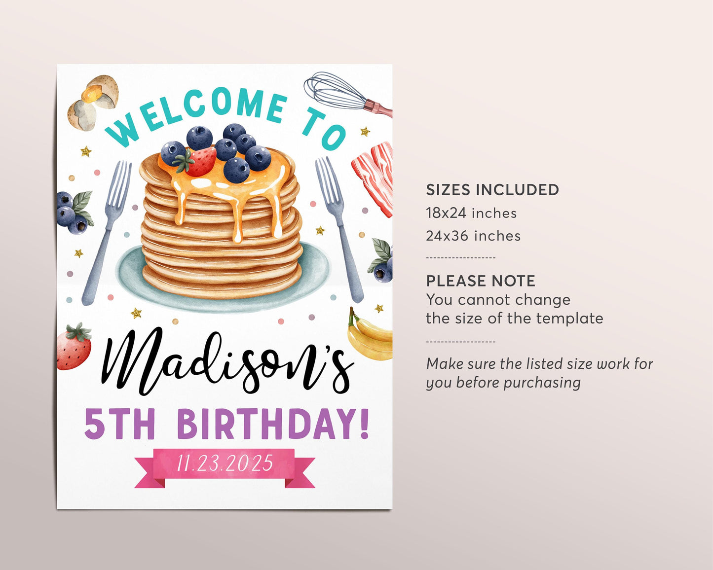 Pancakes and Pajamas Birthday Welcome Sign Editable Template, Girl Flapjacks And PJs Party Poster, Breakfast Brunch Slumber Party Banner