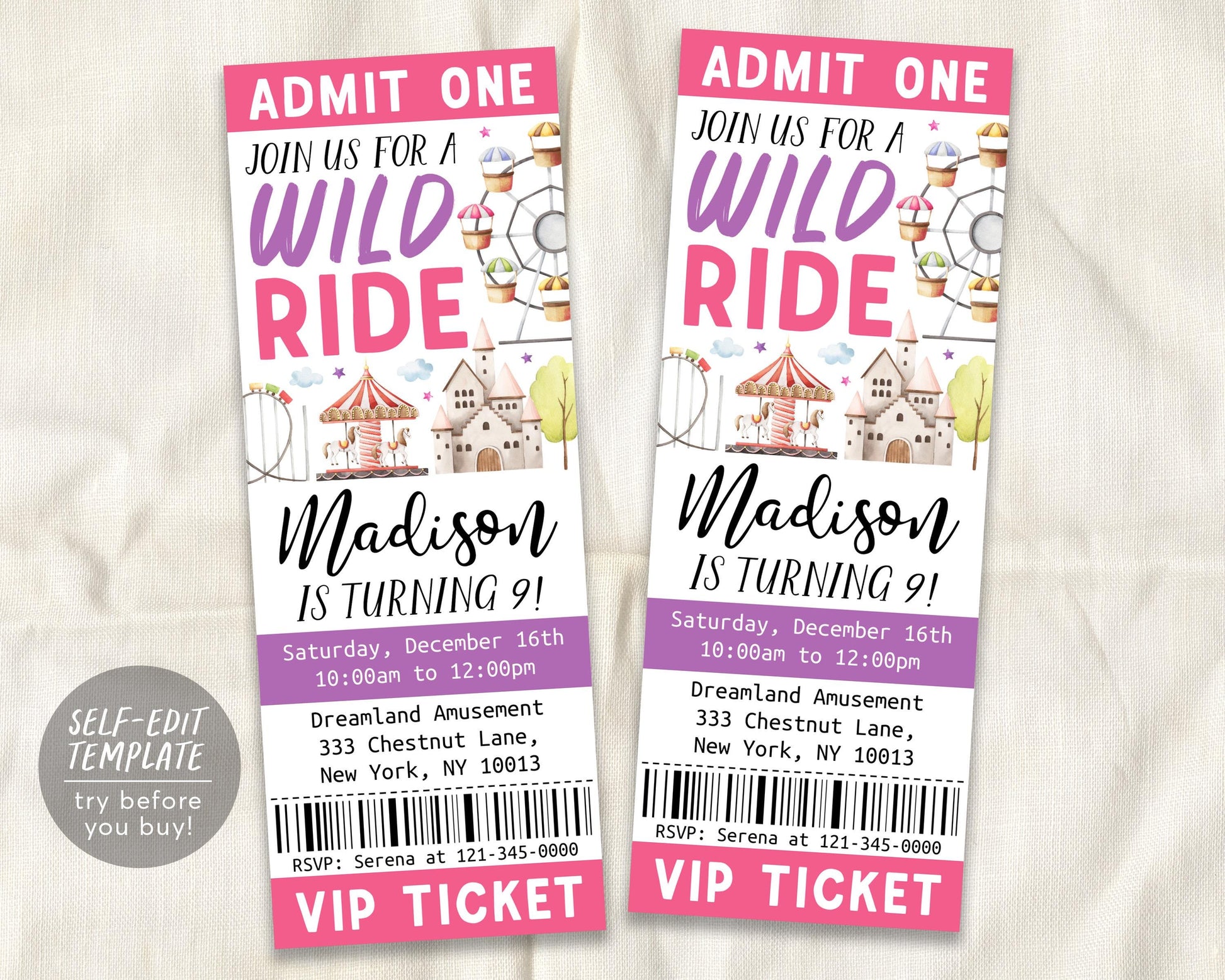 Amusement Park Birthday Ticket Invitation Editable Template