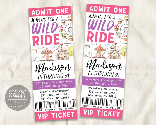 Amusement Park Birthday Ticket Invitation Editable Template
