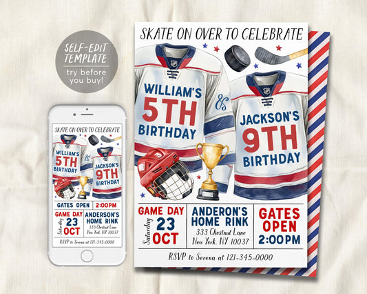 Hockey Joint Siblings Birthday Invitation Editable Template