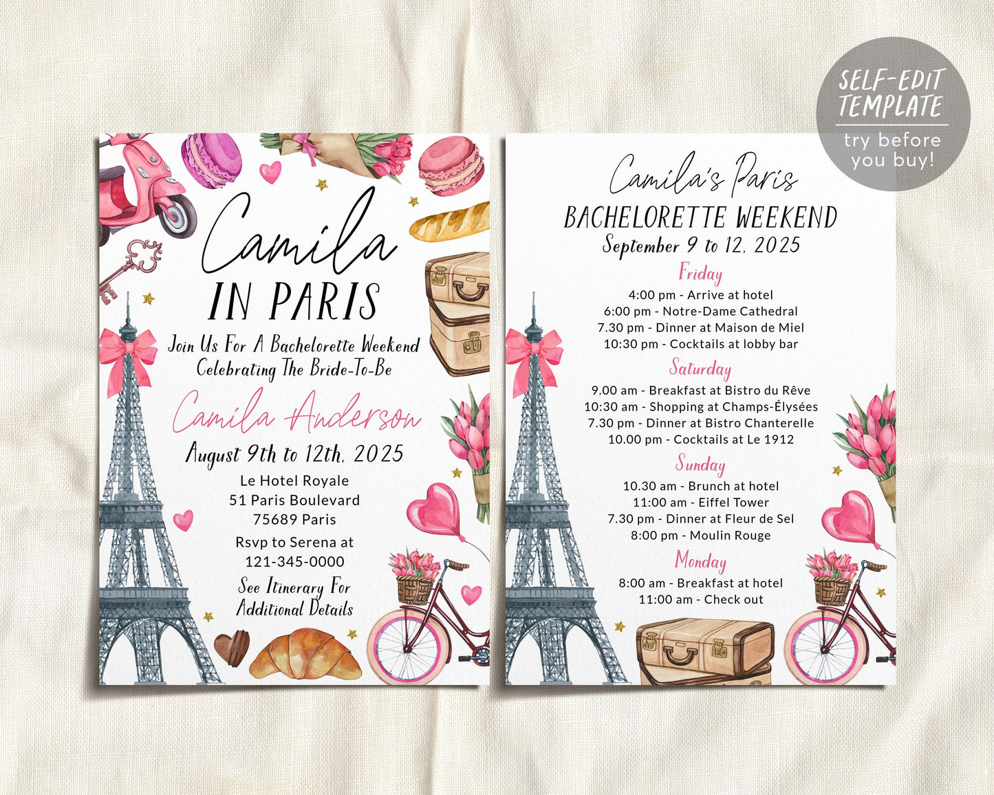 Paris Bachelorette Itinerary And Invitation Editable Template