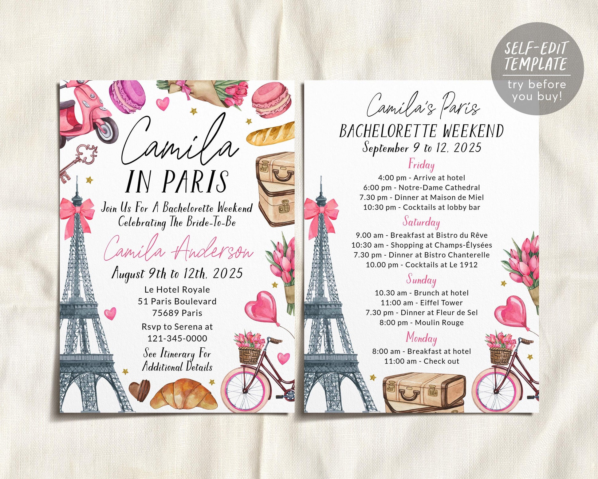 Paris Bachelorette Itinerary And Invitation Editable Template
