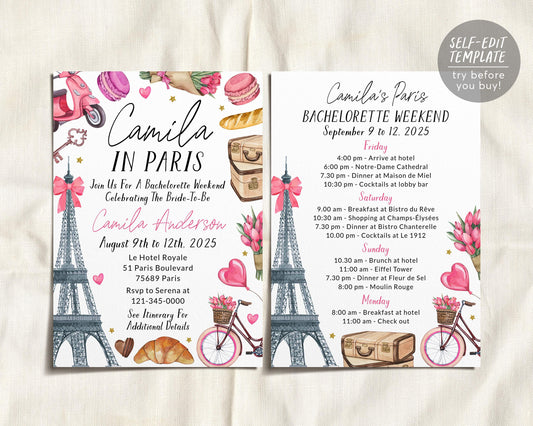 Paris Bachelorette Itinerary And Invitation Editable Template