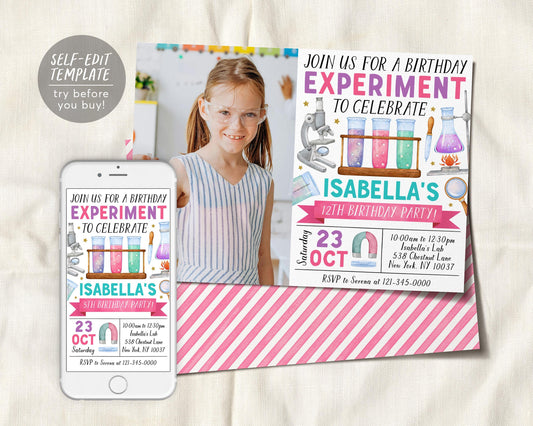 Science Birthday Invitation With Photo Editable Template