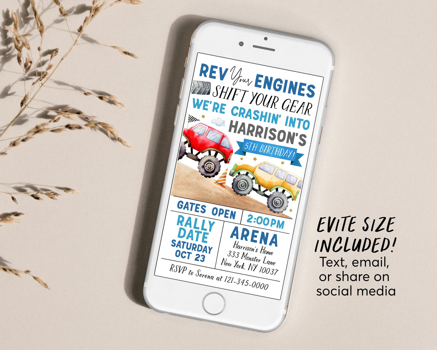 Monster Truck Birthday Invitation Editable Template, Monster Truck Rally Invite, Boy Rev Your Engines Shift Your Gear Party Evite Any Age