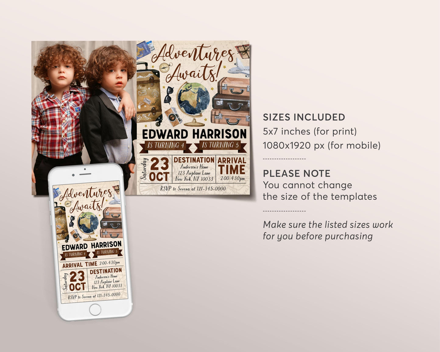 Adventure Awaits Travel Joint Siblings Birthday Invitation With Photo Editable Template, Twins Around the World Party Invite, Plane Evite