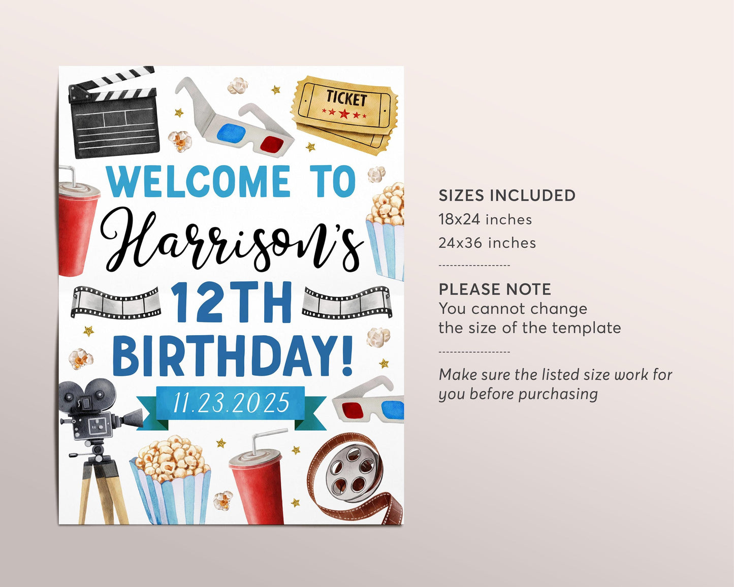 Movie Night Birthday Welcome Sign Editable Template, Boy Kids Pop On Over Cinema Backyard Movie Ticket Party Poster, Popcorn Board Banner