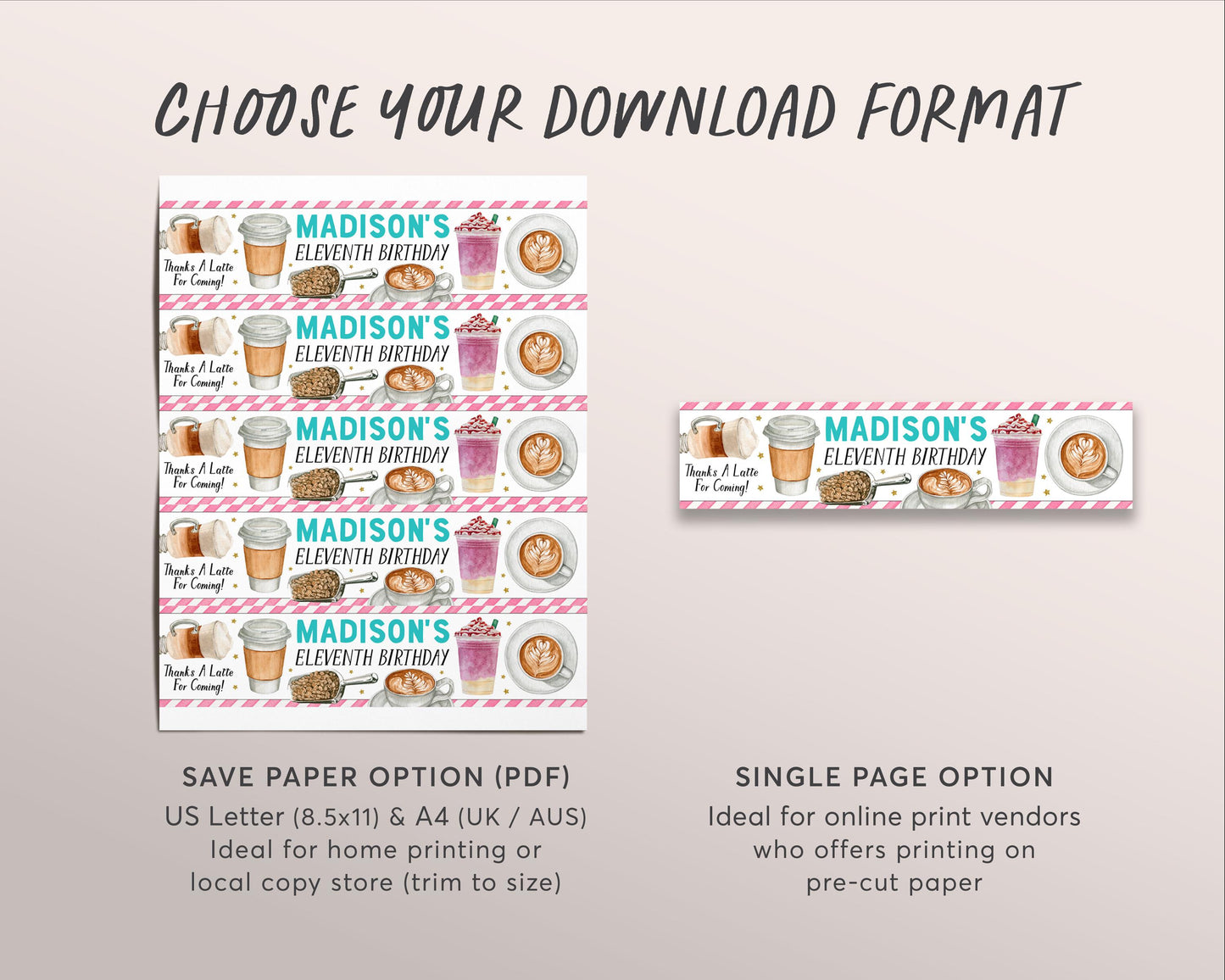 Coffee Shop Water Bottle Labels Editable Template, Pink Latte Fun Birthday Party Bottle Wrapper Drink Tags, Cafe Frappuccino Frappe Wrap