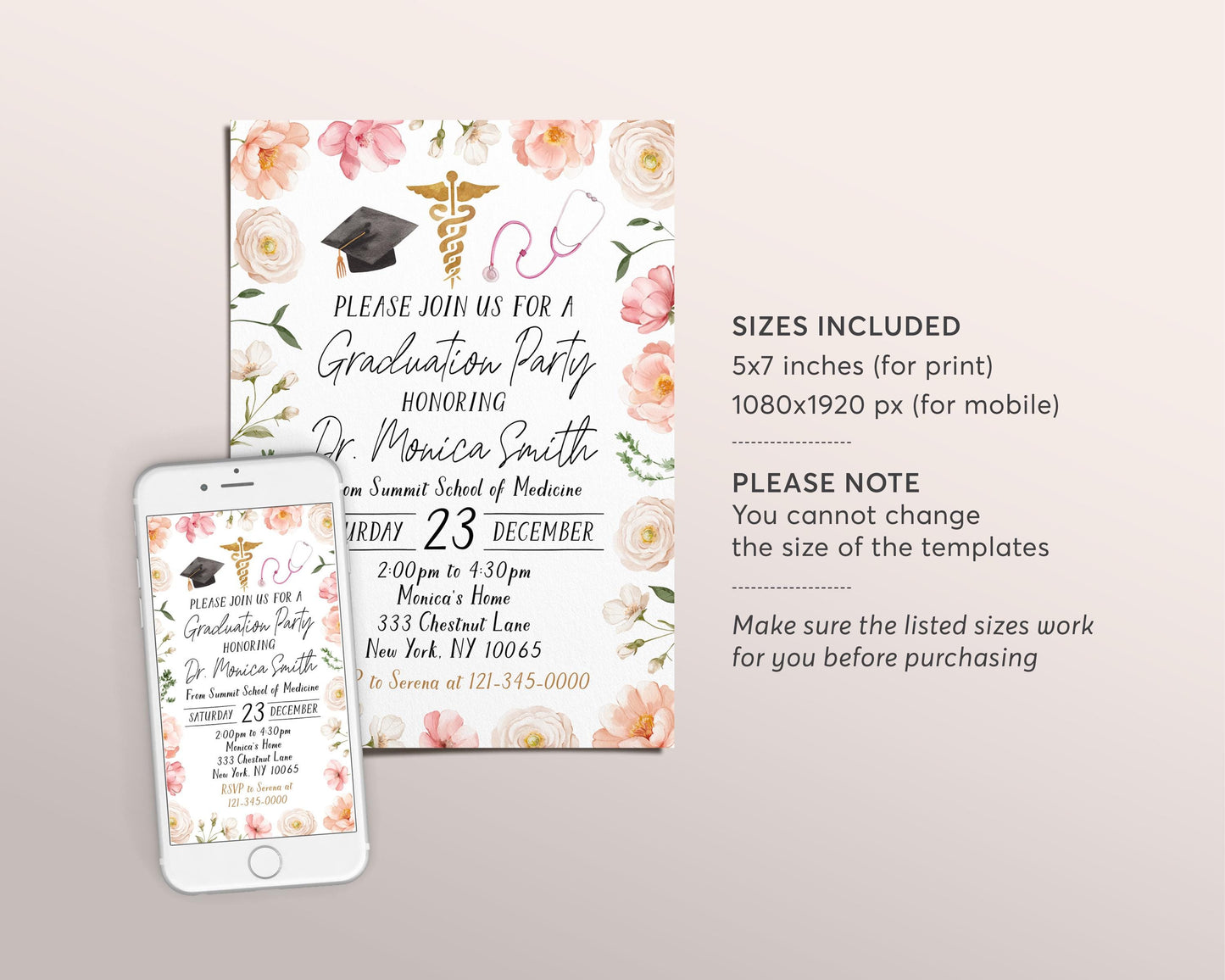 Doctor Graduation Invitation Editable Template, Floral Medical School Grad Announcement Party Invite for Her, Physician MD DR Pharmacist