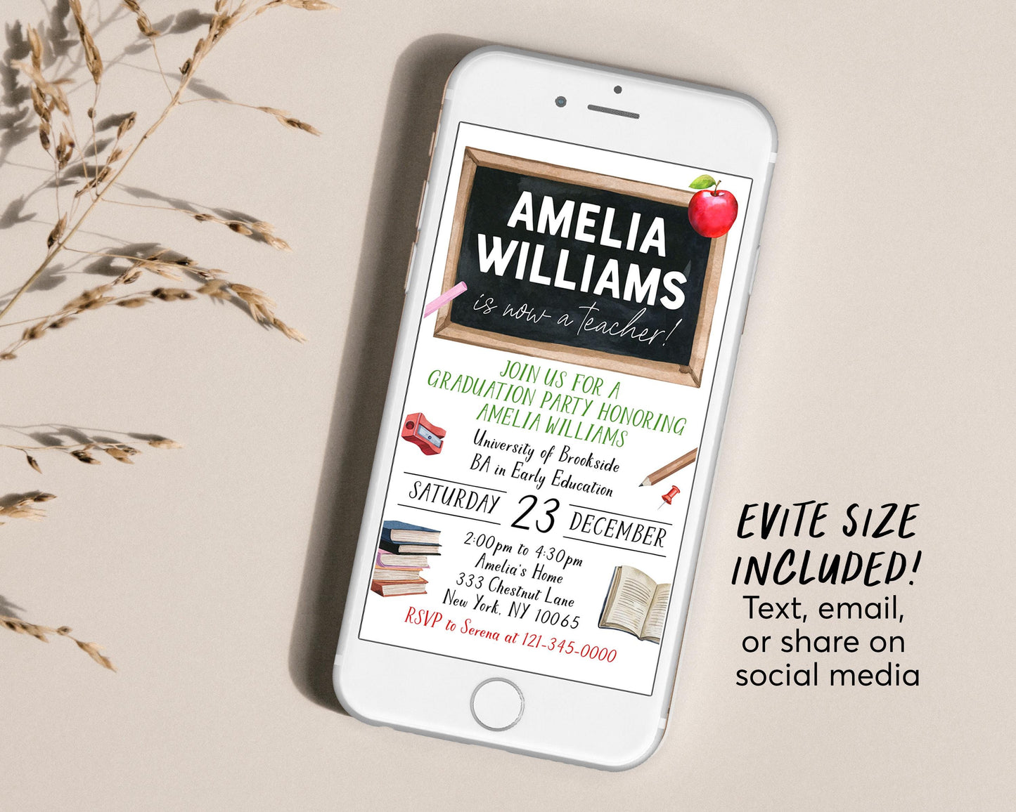 Teacher Graduation Invitation With Photo Editable Template, Teaching Diploma Grad Announcement Party Invite, Early Child Education Evite