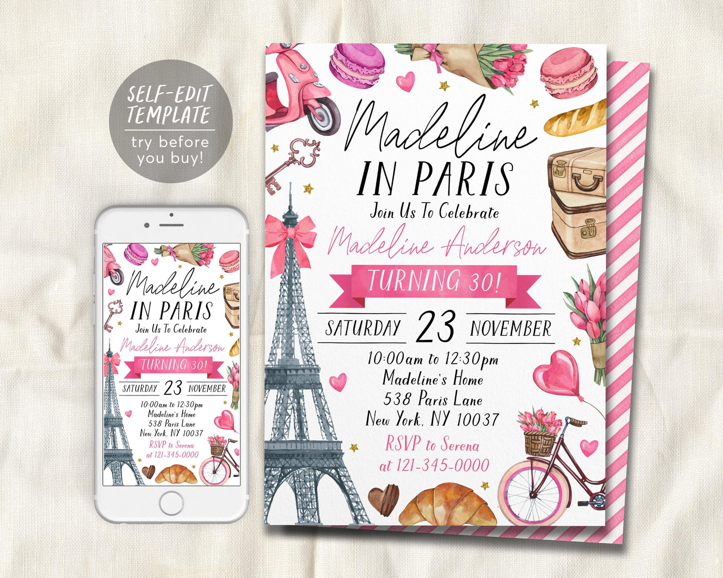 Paris Theme Birthday Invitation Editable Template