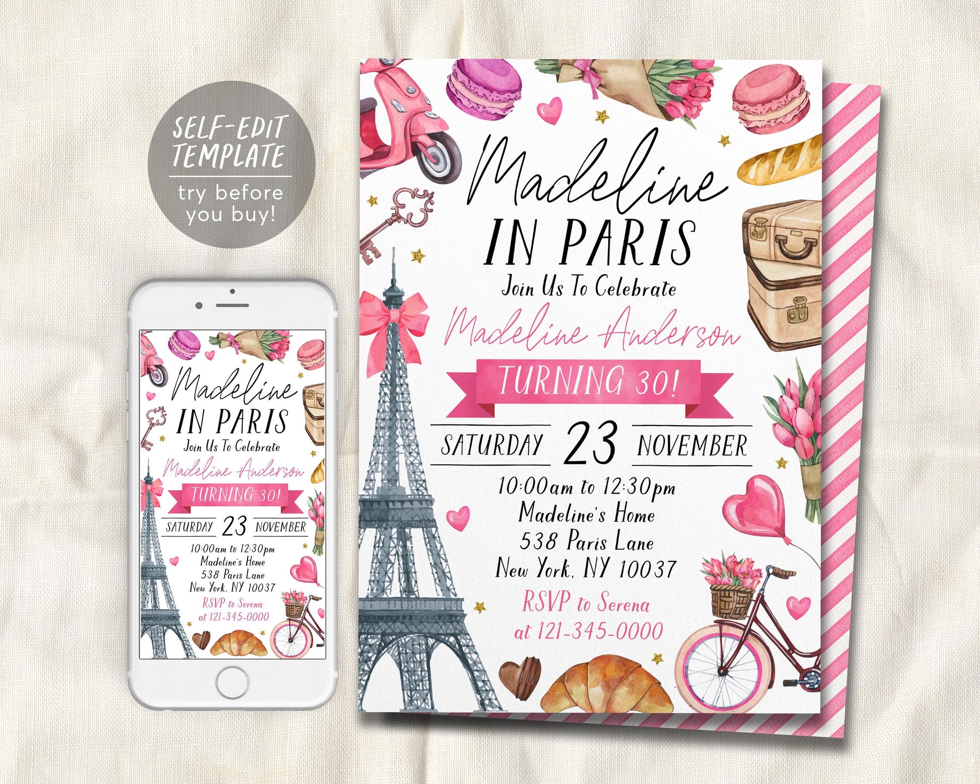 Paris Theme Birthday Invitation Editable Template