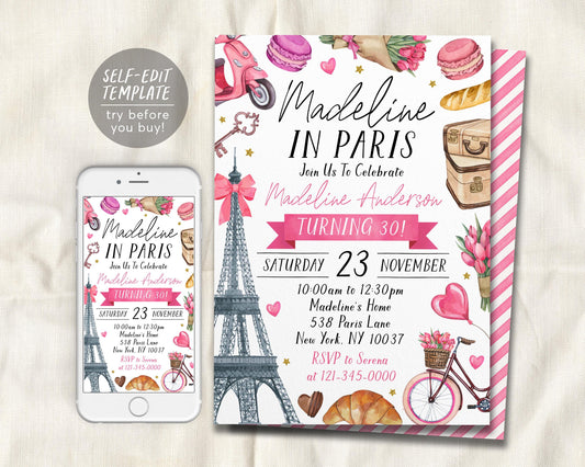 Paris Theme Birthday Invitation Editable Template