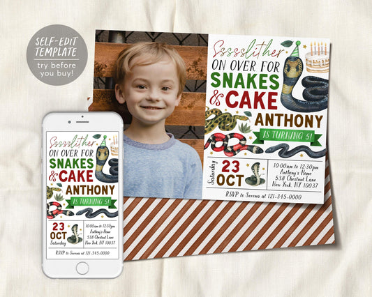 Snake Birthday Invitation With Photo Editable Template