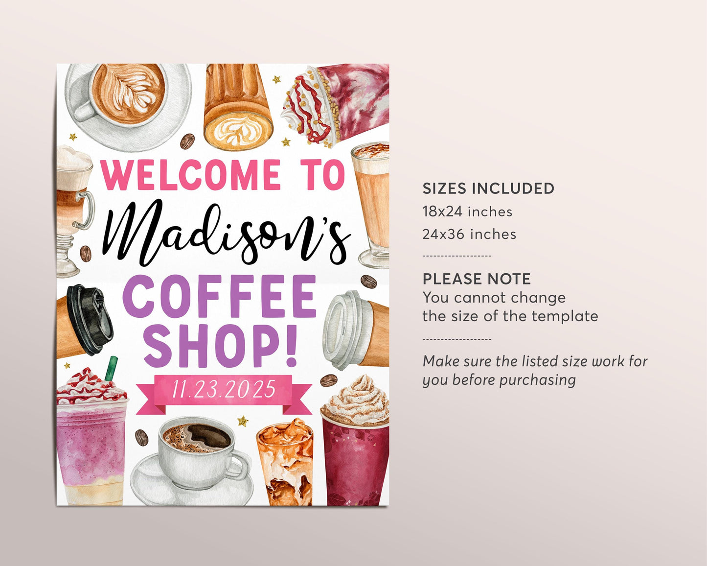 Coffee Birthday Welcome Sign Editable Template, Girl Coffee Shop Latte Fun Frappe Party Poster, Cafe Frappuccino Frappy Coffee Theme Board