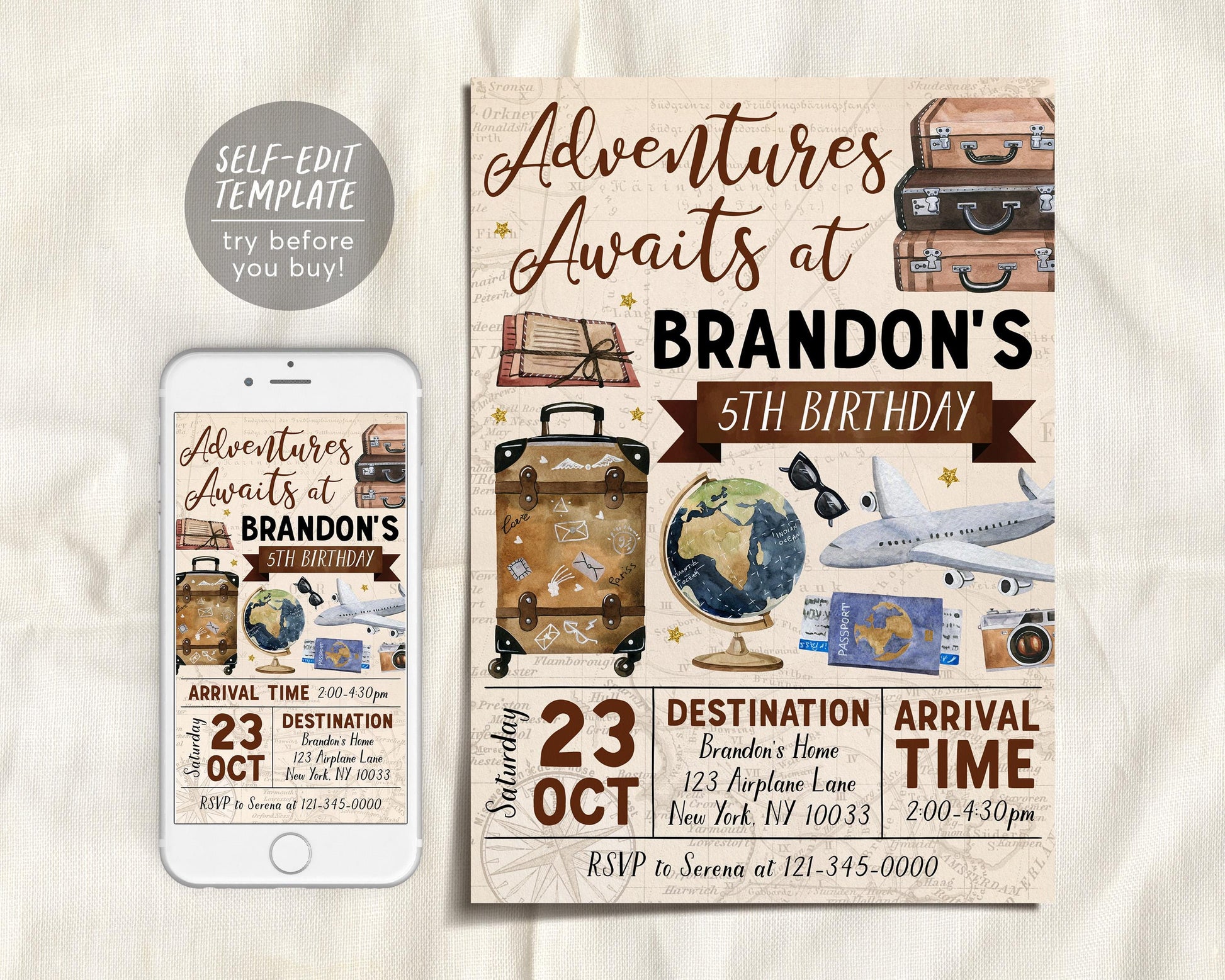 Adventure Awaits Travel Birthday Invitation Editable Template,
