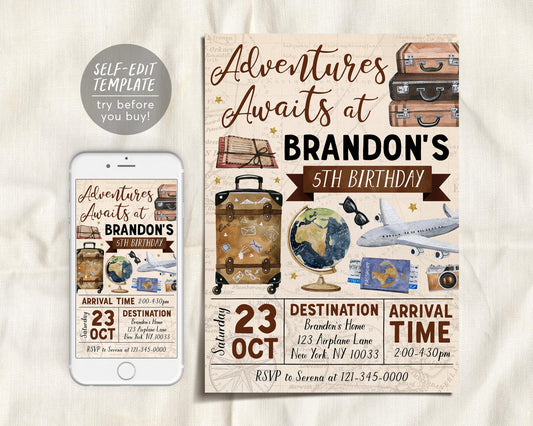 Adventure Awaits Travel Birthday Invitation Editable Template,