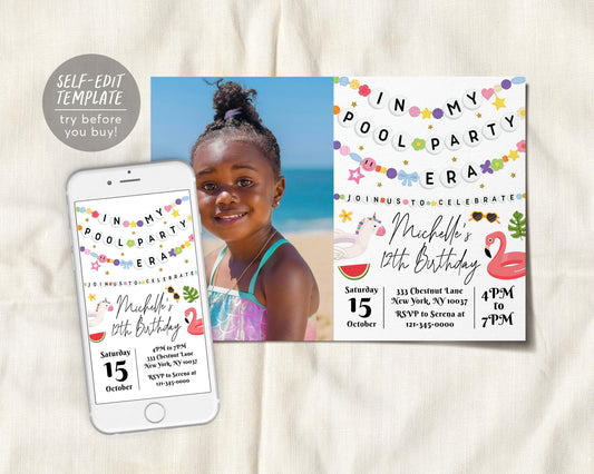 In My Pool Party Era Birthday Invitation With Photo Editable Template