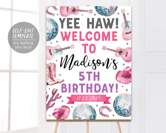 Space Cowgirl Birthday Welcome Sign Editable Template