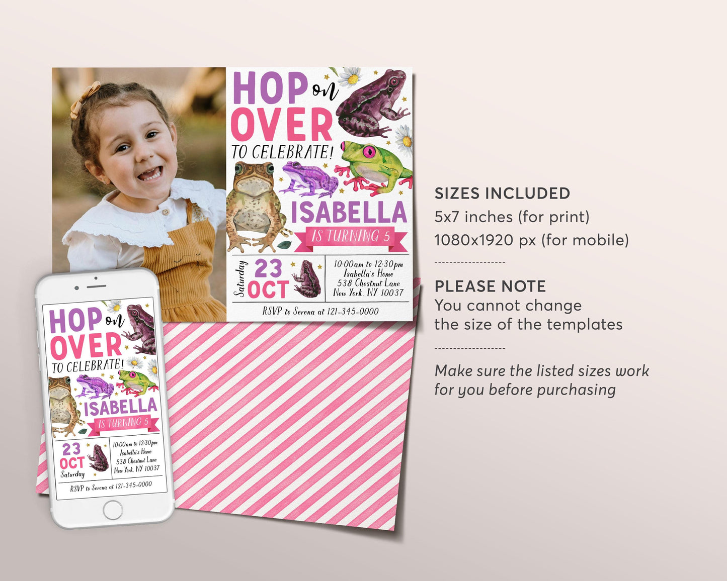 Frog Birthday Invitation With Photo Editable Template, Girl Hop On Over Frogs Party Invite, Kids Swamp Pond Nature Amphibian Garden Evite