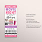 Movie Birthday Ticket Invitation Editable Template, Girl Cinema Movie Ticket Stub Party Evite, Kids Backyard Movie Night Popcorn And Movies