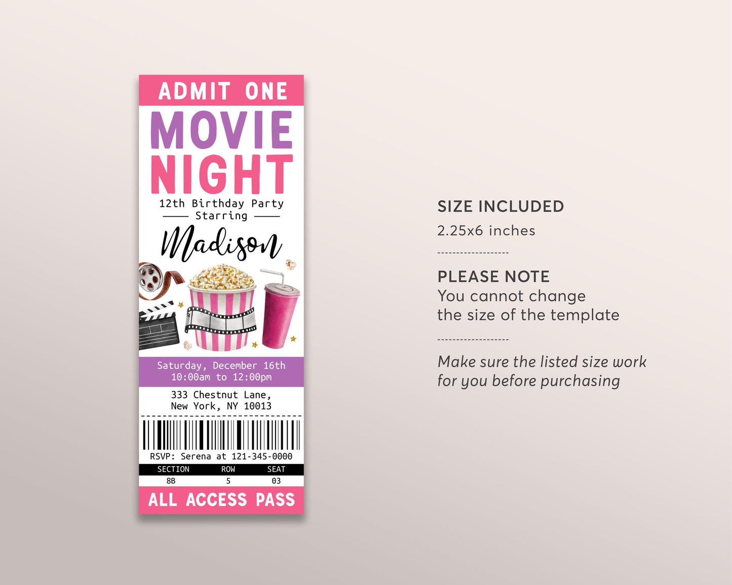 Movie Birthday Ticket Invitation Editable Template, Girl Cinema Movie Ticket Stub Party Evite, Kids Backyard Movie Night Popcorn And Movies