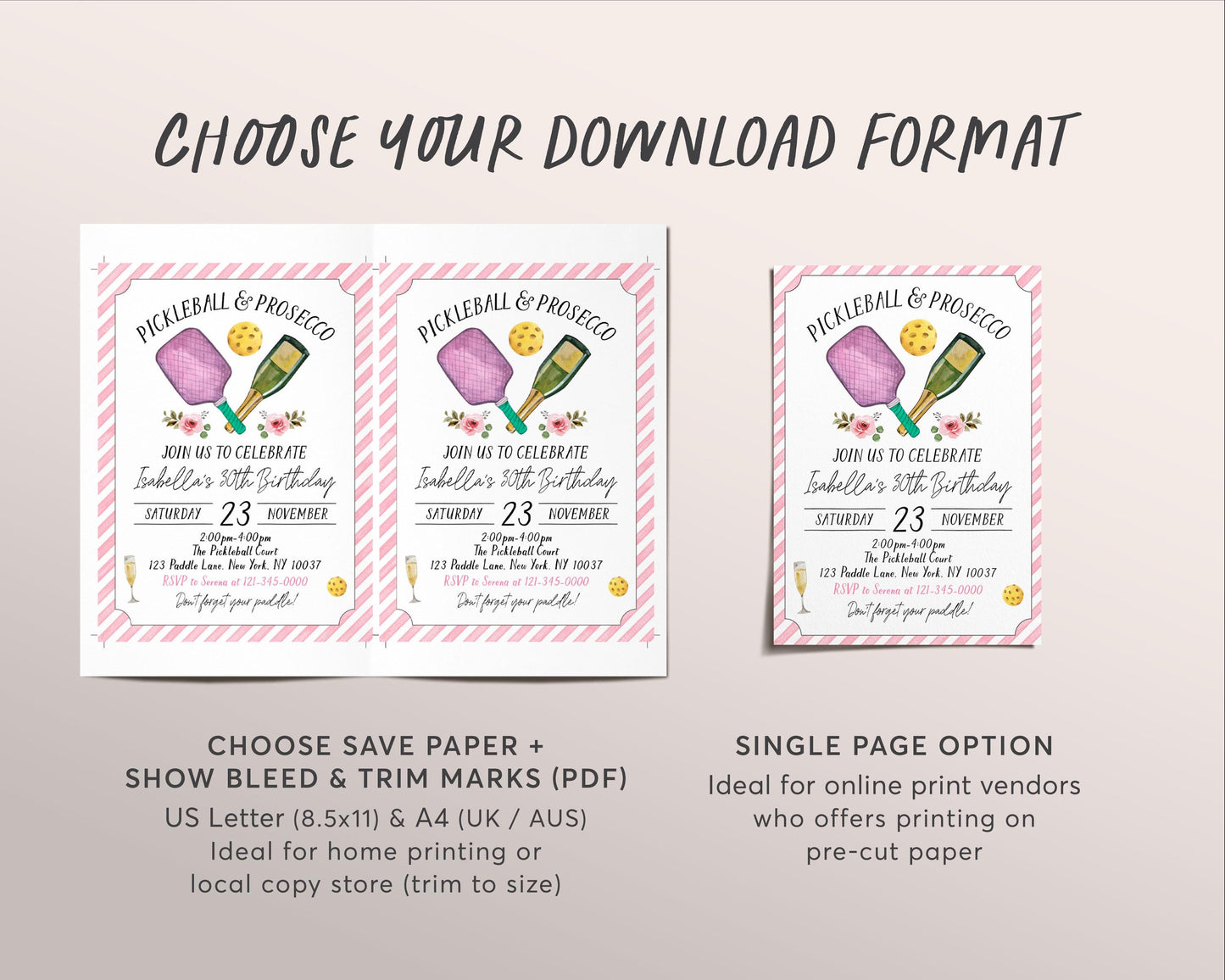 Pickleball and Prosecco Birthday Invitation Editable Template, Pink Adult Pickle Ball 30th 40th 50th Birthday Party Invite, Sport Evite