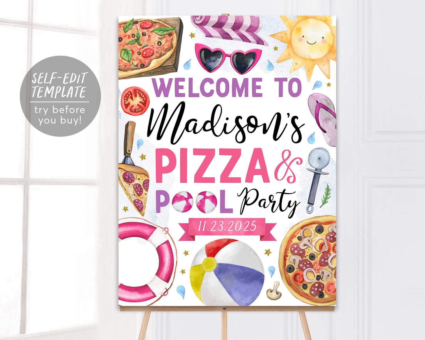 Pizza Pool Party Welcome Sign Editable Template