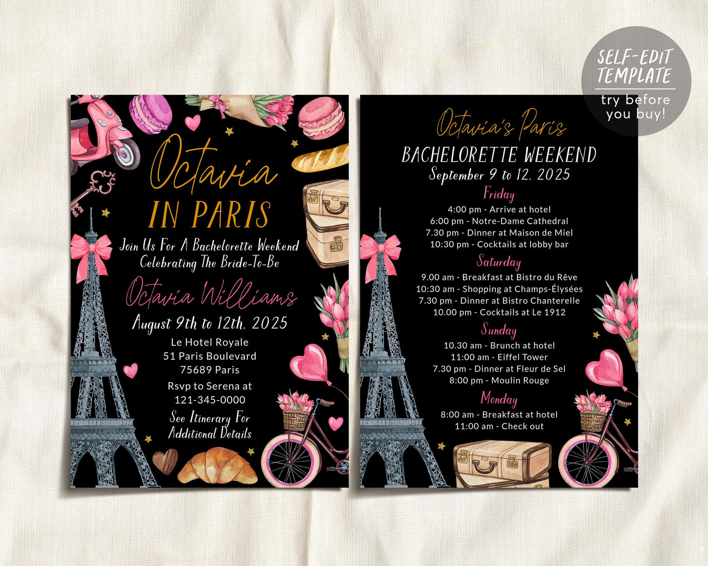 Paris Bachelorette Itinerary And Invitation Editable Template