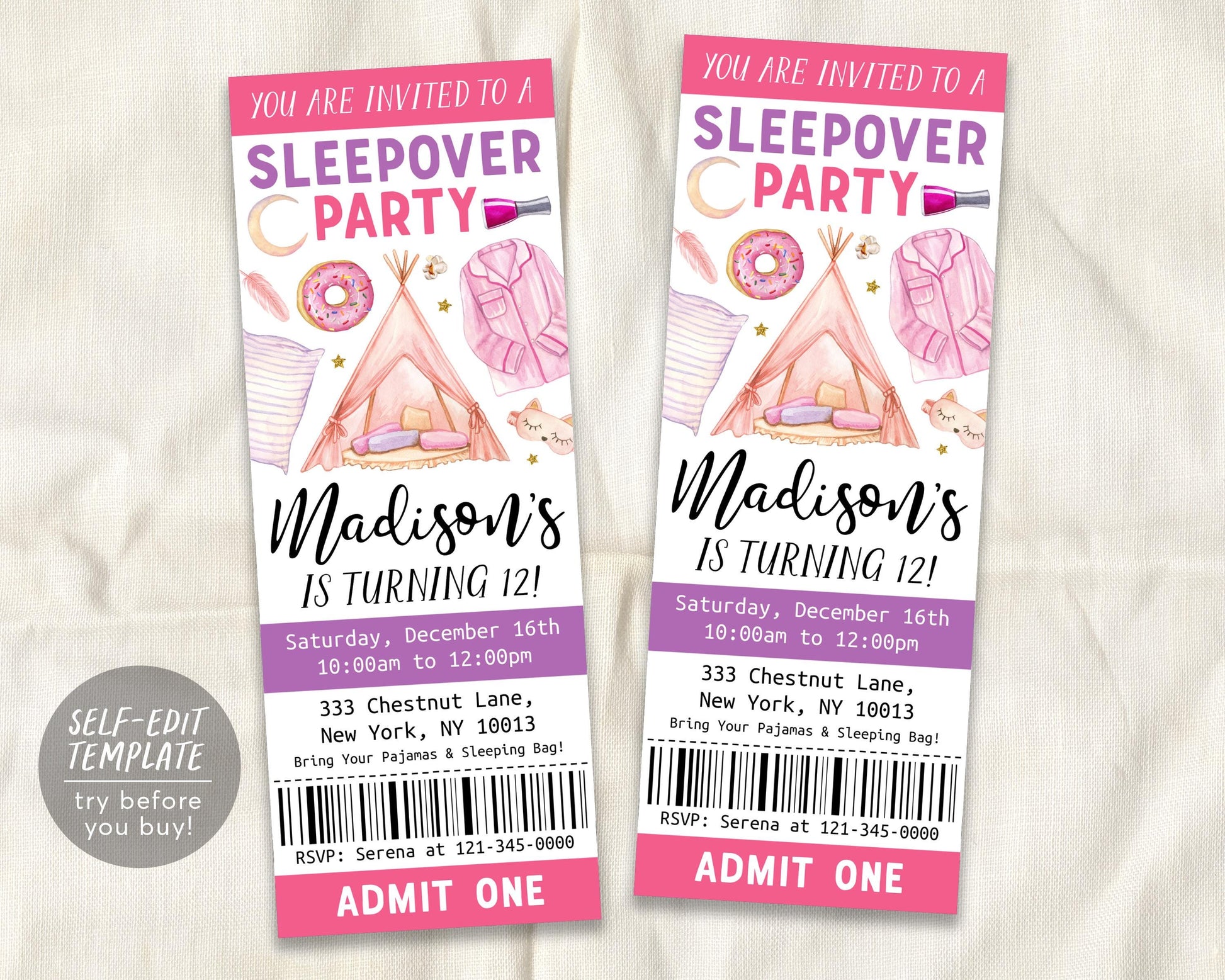 Sleepover Birthday Ticket Invitation Editable Template