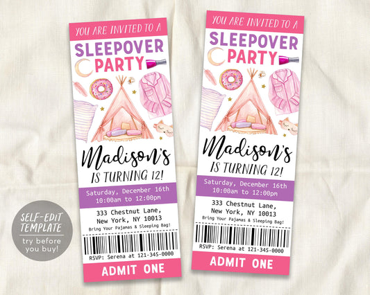 Sleepover Birthday Ticket Invitation Editable Template