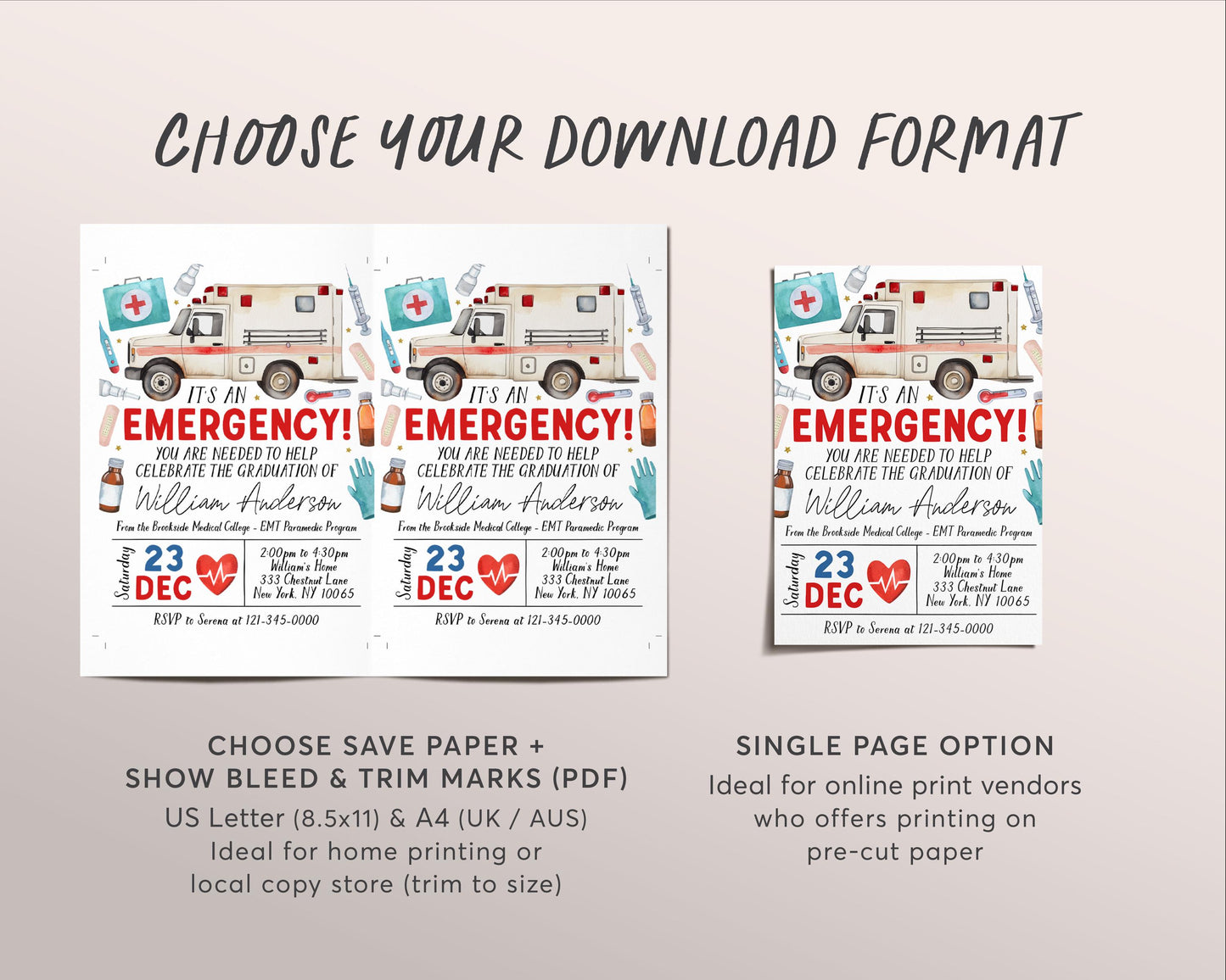 Paramedic EMT Graduation Invitation Editable Template, EMT Certification Grad Announcement Party Invite, Emergency Medical Technician Evite