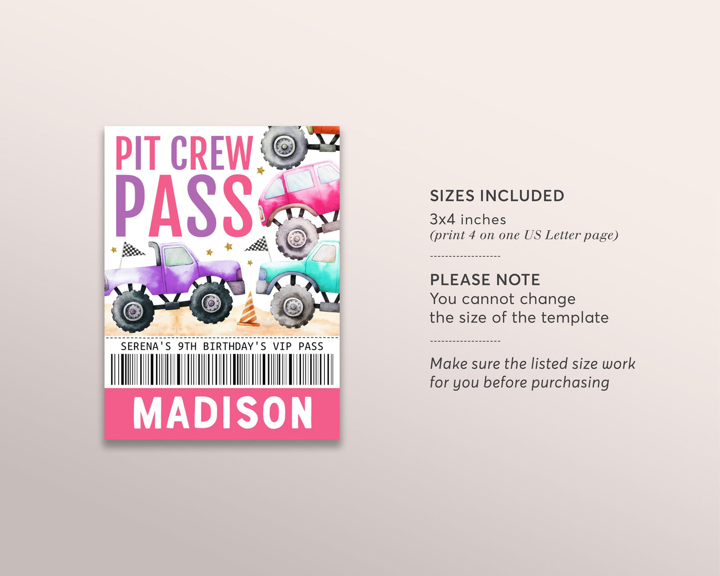 Monster Truck Pit Crew Birthday VIP Pass Editable Template, Girl Monster Jam Party All Access Guest Name Tag Insert ID Badge Lanyard Favor