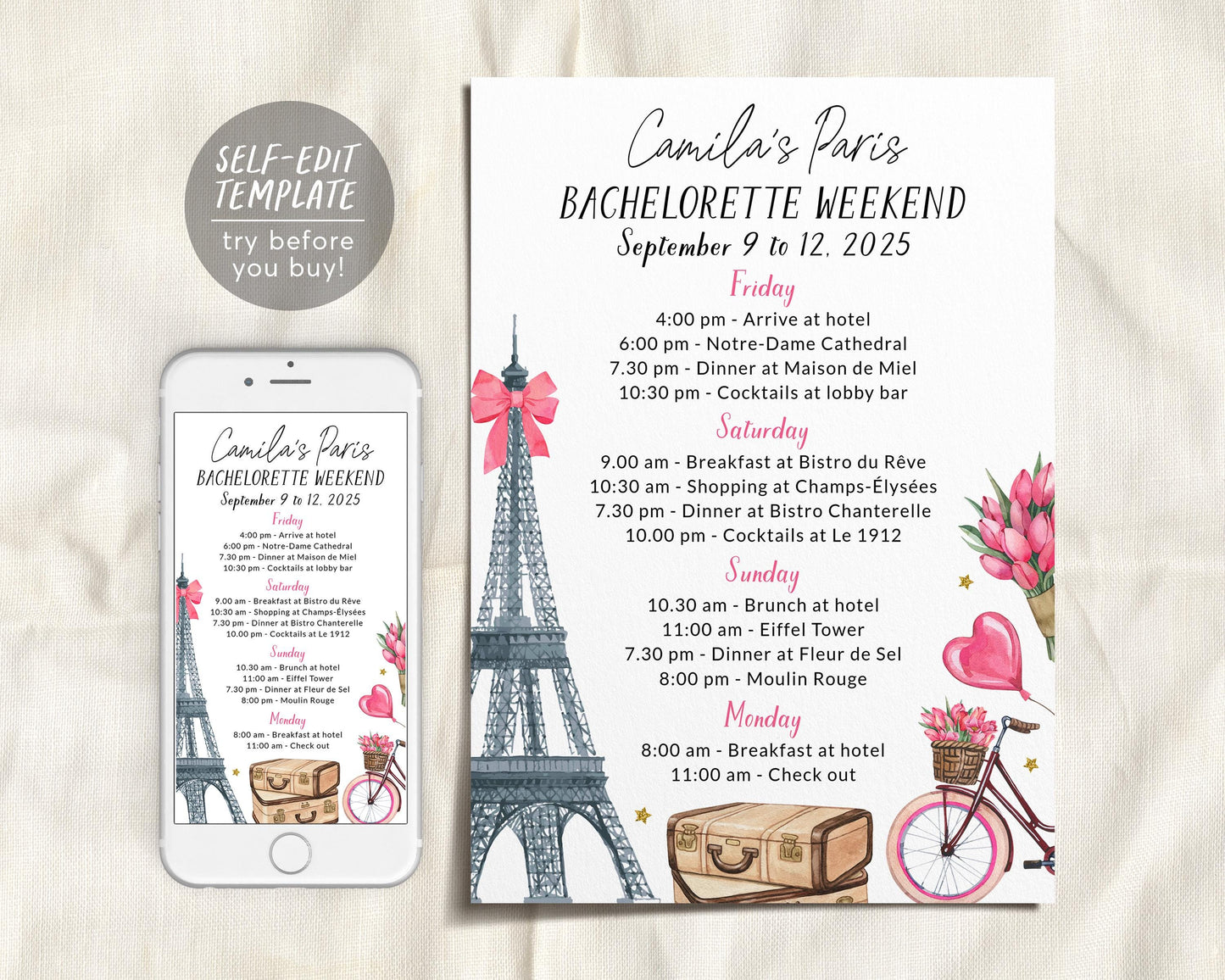 Paris Bachelorette Itinerary And Invitation Editable Template, Paris Travel Planner Invite France Girls Night Out Weekend Schedule Hen Party