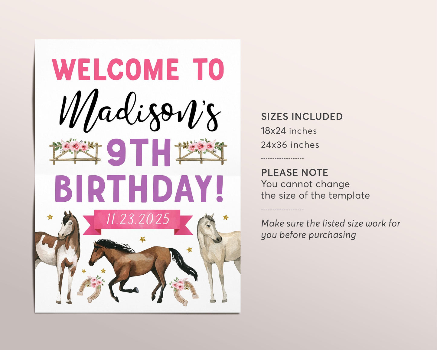 Horse Birthday Welcome Sign Editable Template, Girl Floral Cowgirl Horse Equestrian Birthday Party Poster, Saddle Up Farm Country Poster