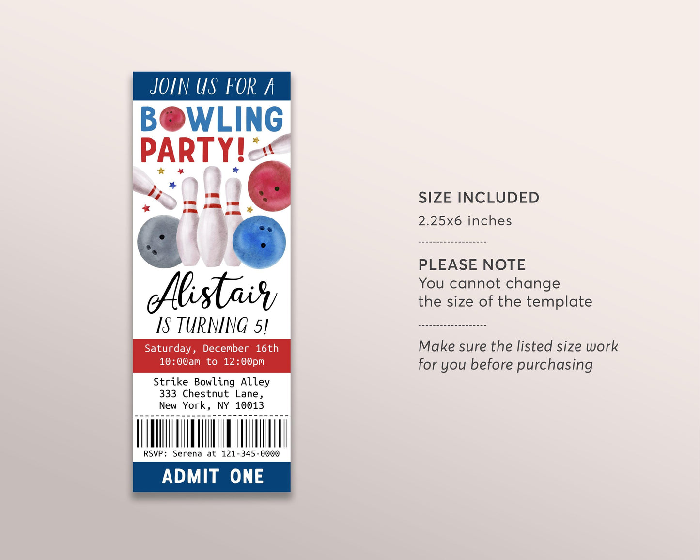 Bowling Birthday Ticket Invitation Editable Template, Boy Sports Bowling Alley Party Evite, Kids Bowling Ball Pin Strike Up Some Fun Evite