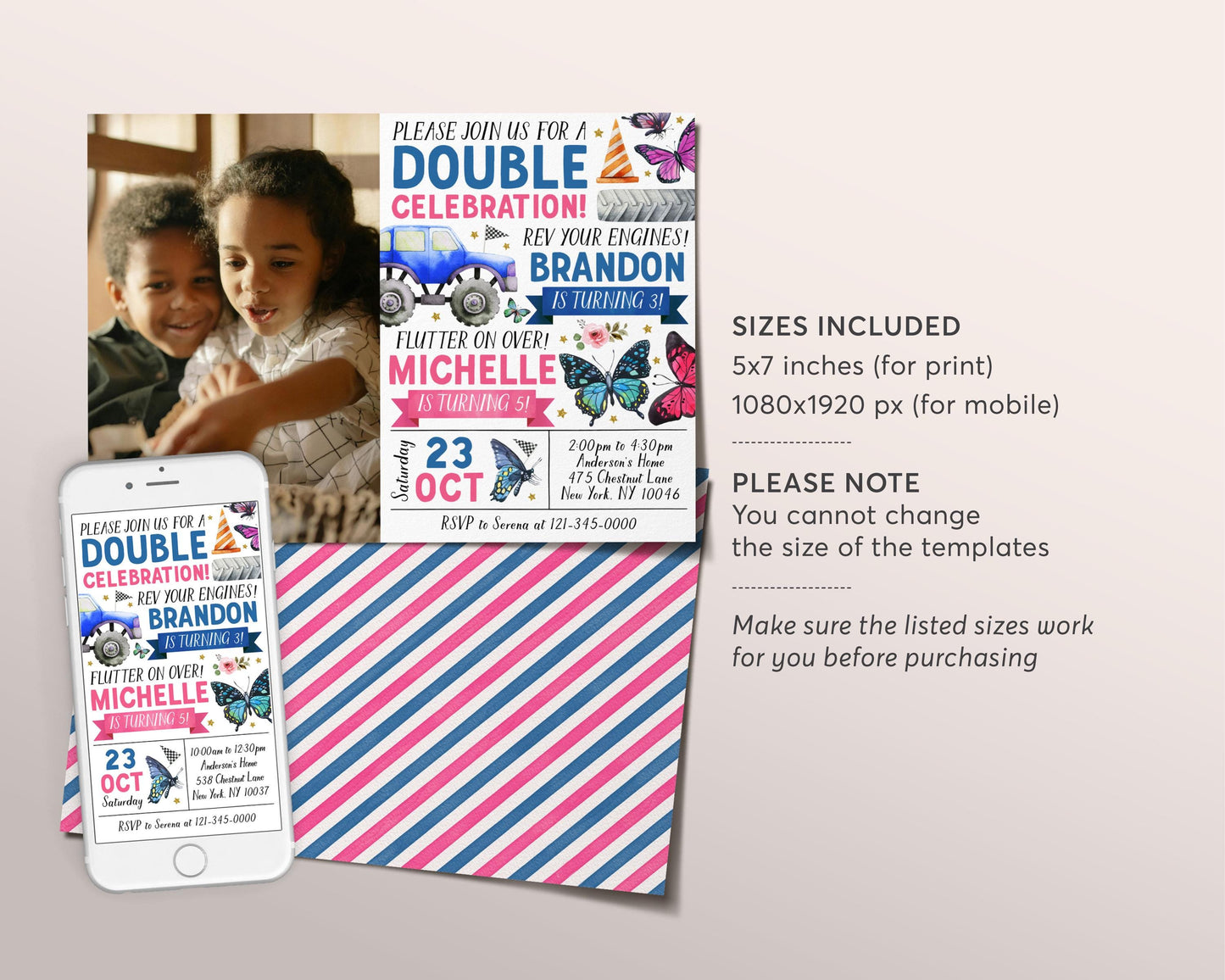 Monster Truck Butterfly Joint Siblings Birthday Invitation With Photo Editable Template, Girl Boy Butterflies Party Invite Celebration