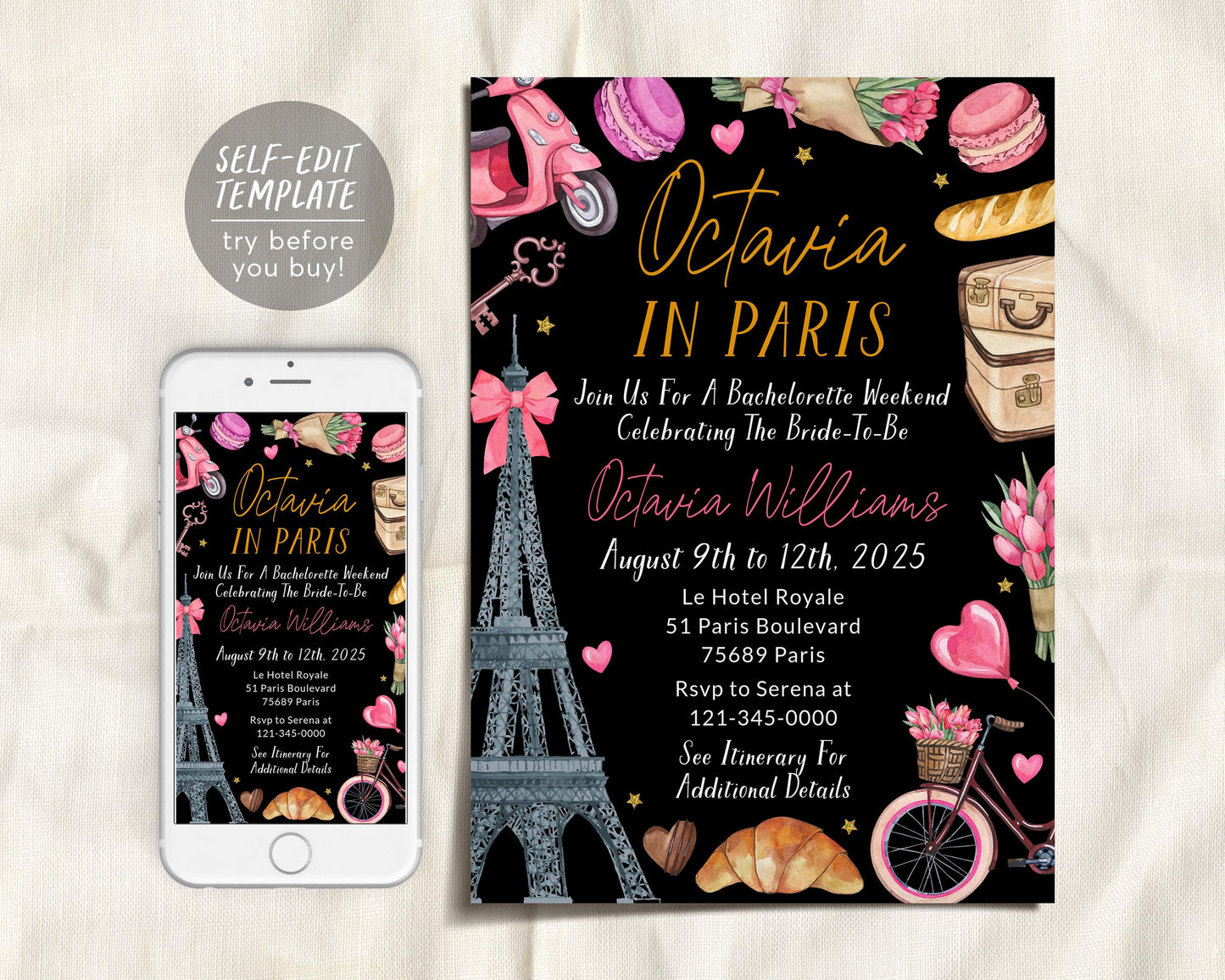 Paris Bachelorette Itinerary And Invitation Editable Template, Paris Travel Planner Invite France Girls Night Out Weekend Schedule Hen Party