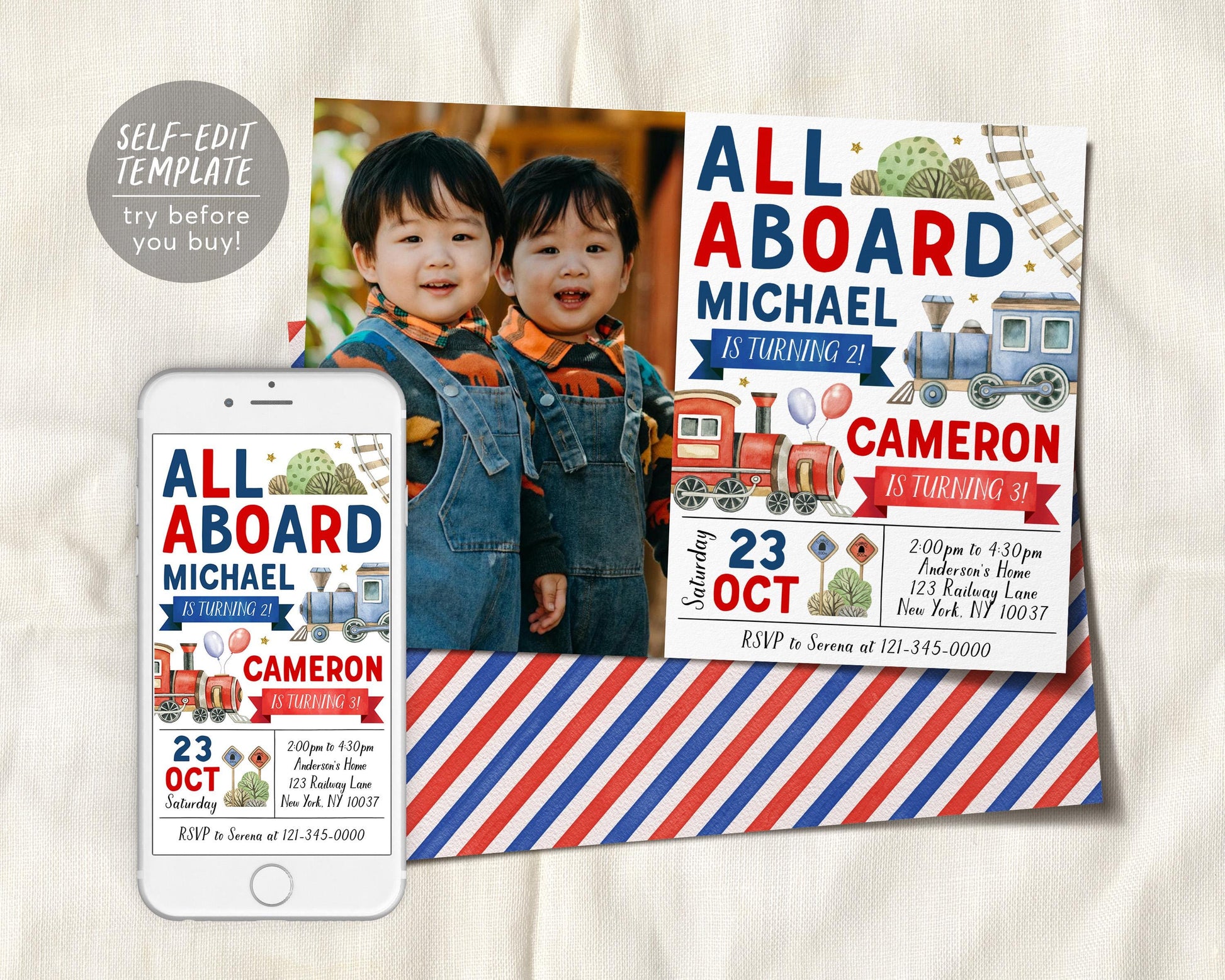 Train Joint Siblings Birthday Invitation With Photo Editable Template