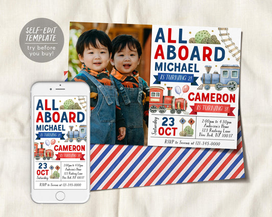 Train Joint Siblings Birthday Invitation With Photo Editable Template
