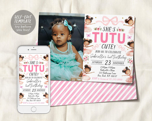 Tutu Cute 2nd Birthday Invitation With Photo Editable Template