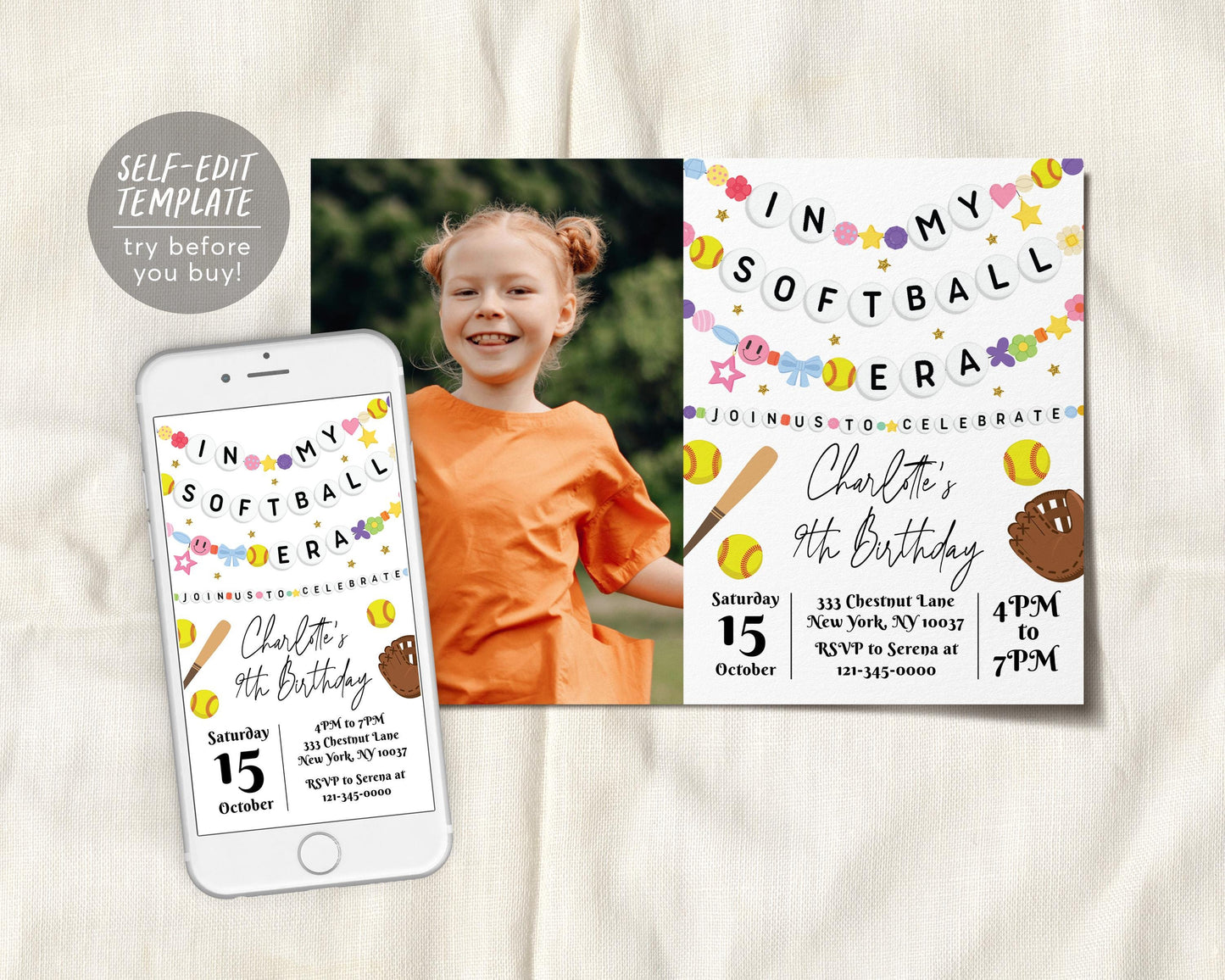 In My Softball Era Birthday Invitation With Photo Editable Template