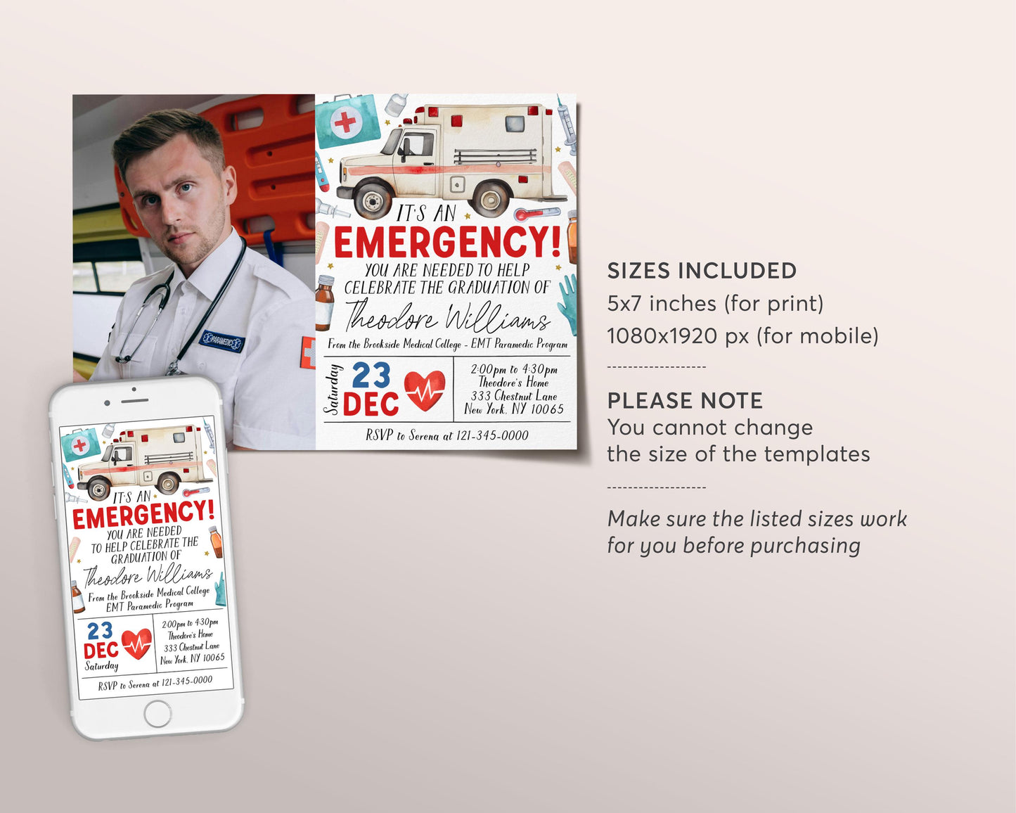 Paramedic EMT Graduation Invitation With Photo Editable Template, EMT Certification Grad Announcement Party Invite, Emergency Medical Evite