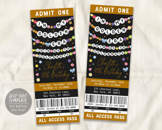 In My Golden Era Ticket Invitation Editable Template,