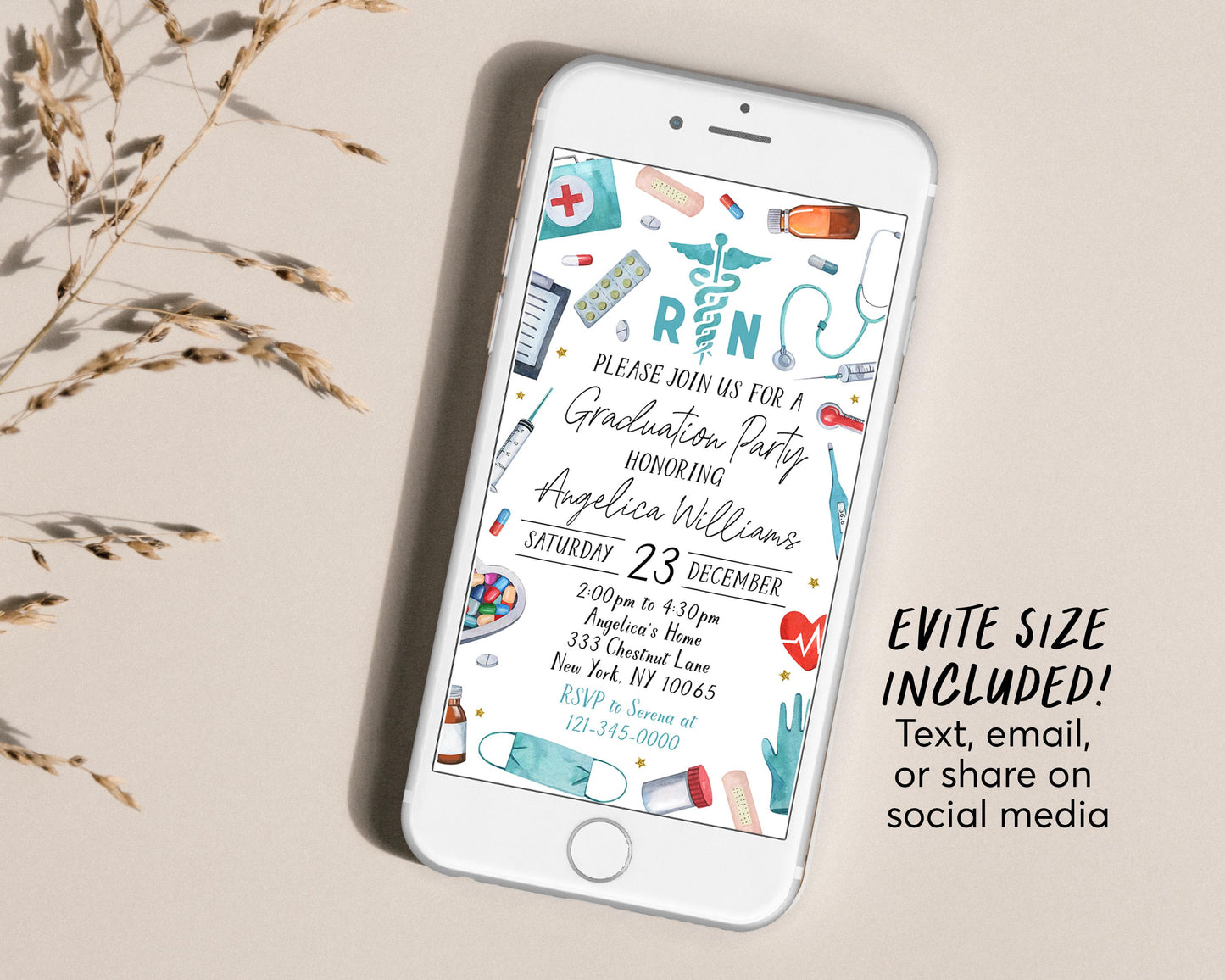 Nursing School Graduation Invitation Editable Template, Nurse RN Graduation Announcement Party Invite, Registered Nurse Pinning Ceremony