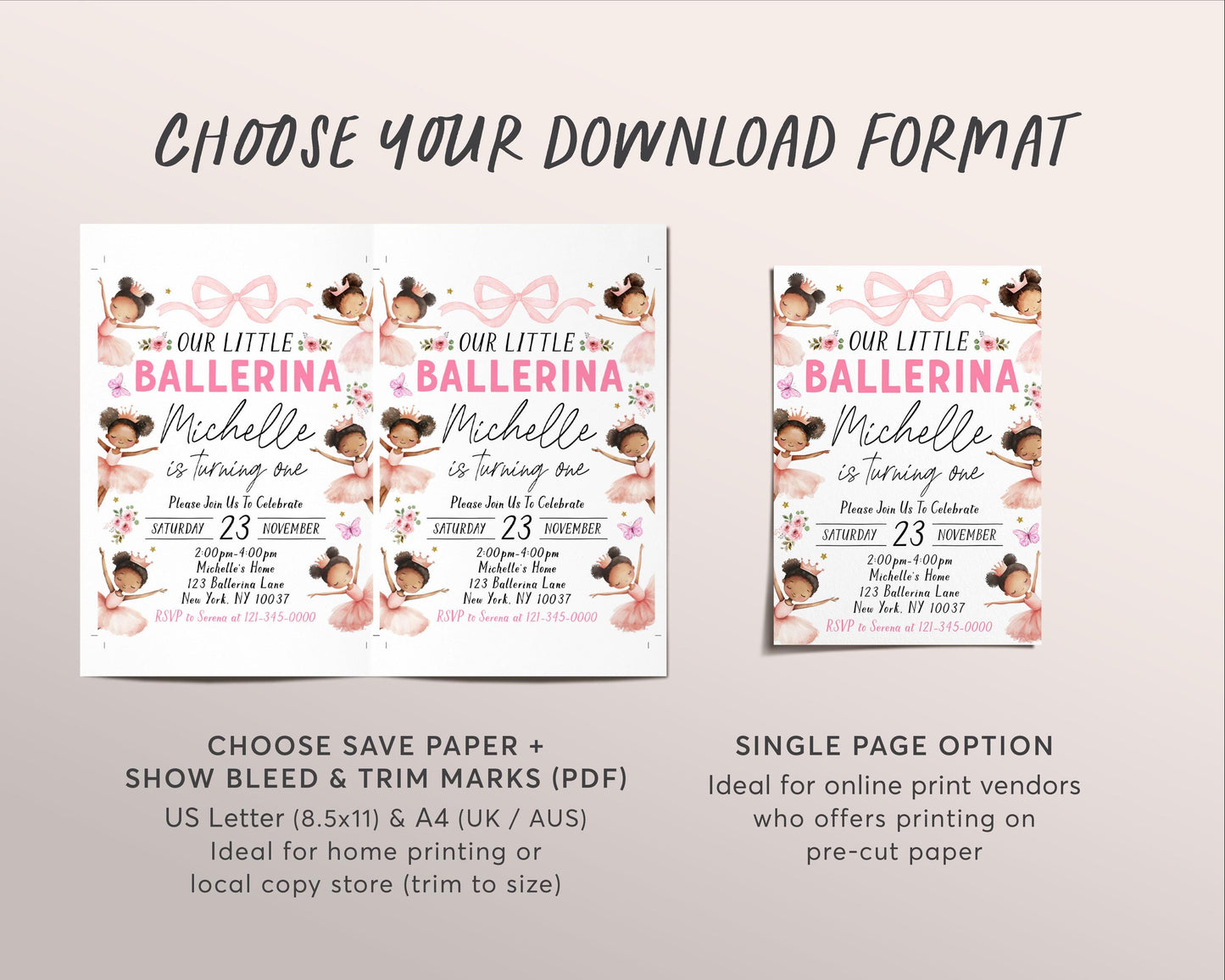 Ballerina Birthday Invitation Editable Template, Ballet Pink Tutu First Birthday Invite, Black Afro Ballerina Dance Floral Evite Printable