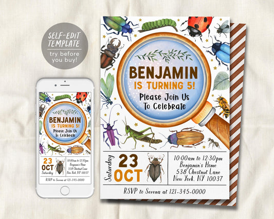 Insect Bugs Birthday Invitation Editable Template