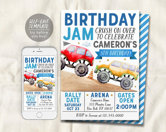 Birthday Monster Jam Birthday Invitation Editable Template