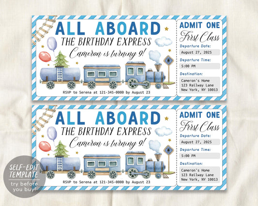 Train Birthday Ticket Invitation Editable Template